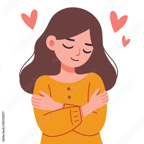 Flat Vector Art of a Woman Embracing Herself with the Concept of Self Love and Mental Health