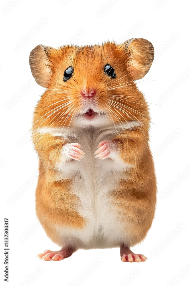 A hamster standing adorably, isolate on white background, showcasing its tiny paws and round face. cutout png A hamster standing adorably, isolate on white background, showcasing its tiny paws and round face. cutout png