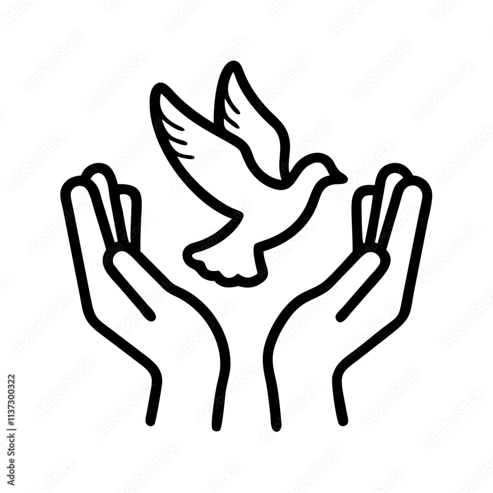 Obraz premium hands releasing a dove icon, day of peace line art, day of peace icon - simple black line art icon of hands releasing a dove, for day of peace celebrations. day of peace vector art.