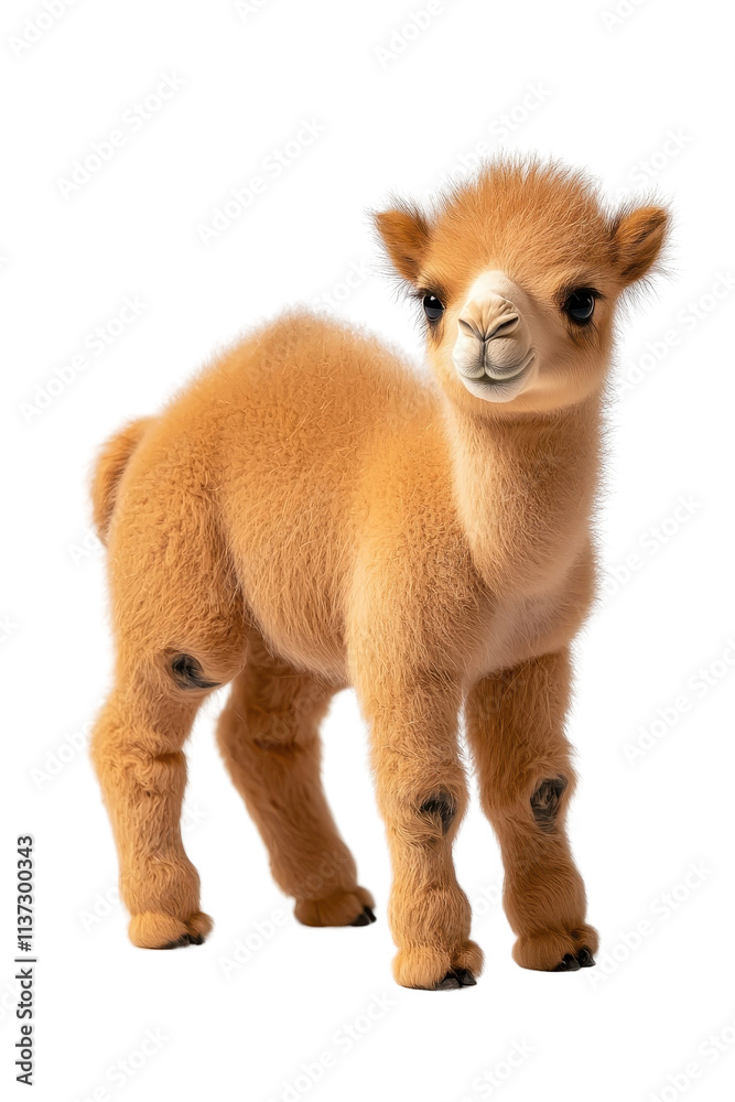 A baby camel, isolate on white background, with soft fur and an adorable expression. cutout png A baby camel, isolate on white background, with soft fur and an adorable expression. cutout png