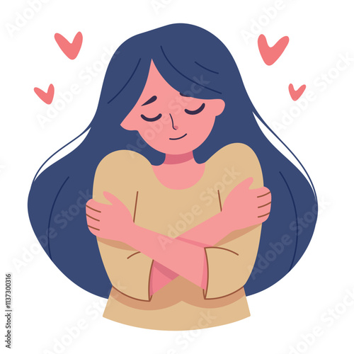 Flat Vector Art of a Woman Embracing Herself with the Concept of Self Love and Mental Health