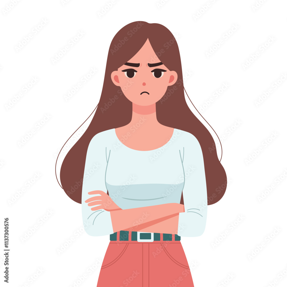 Flat Vector of a Worried Woman with a Frowning Expression Flat Vector of a Worried Woman with a Frowning Expression