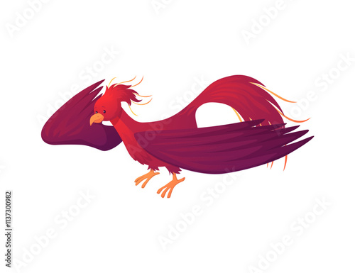Fantasy magic red bird, Phoenix fire bird, vector flat fairy tale mythical creature, ancient legend mythology beast
