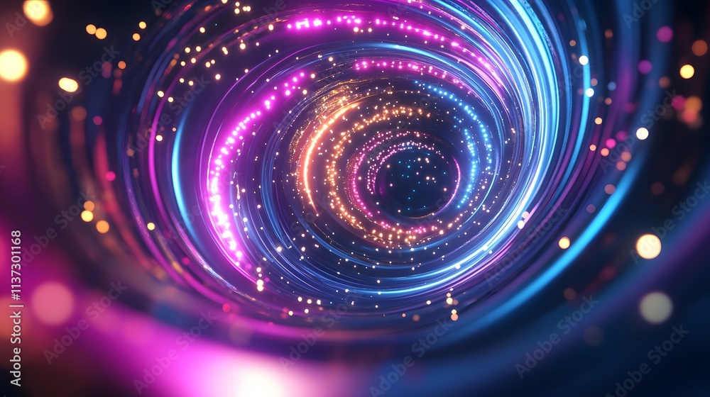Abstract glowing neon blue and pink circles with sparkling lights creating a swirling galaxy effect. Abstract glowing neon blue and pink circles with sparkling lights creating a swirling galaxy effect.