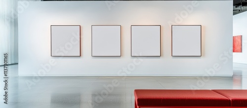 Modern gallery space with four empty canvases displayed against white walls, and a red bench.
