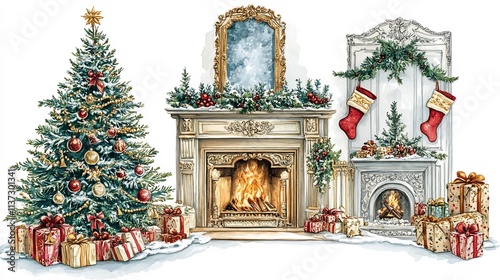 Christmas scene with decorated fireplace, Christmas tree, and stockings. photo