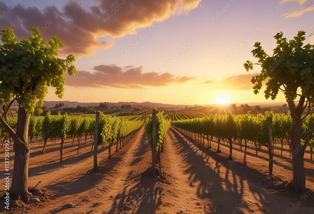 Naklejka premium Sunset over grape vineyard in the countryside, lush greenery, wine bottle, rows of vines, vineyard landscape