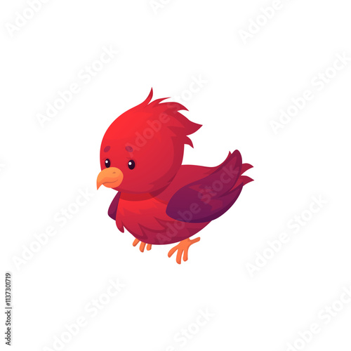 Fantasy magic cute red baby bird, Phoenix fire child bird, vector flat fairytale mythical creature, ancient legend beast