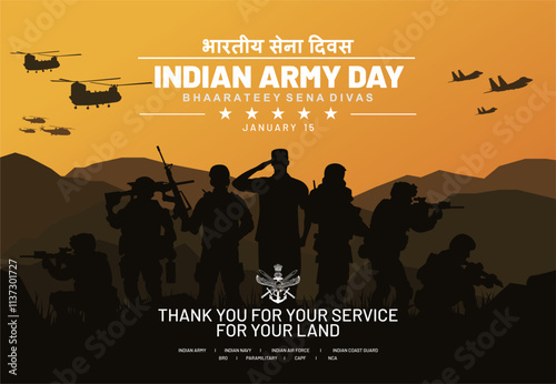 Indian Army Day Banner Design with Indian Army on Beautiful Hill Silhouette. Bhaarateey Sena Divas means Indian Army Day. Indian Military Background. Vector Illustration