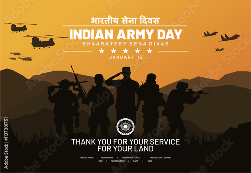 Indian Army Day 2025 Banner Design with Indian Soldiers Saluting on the Hill.  Bhaarateey Sena Divas means Indian Army Day. Best for Kargil Vijay Diwas Background. Vector Illustration