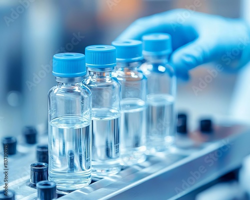 Close-up of glass vials being handled in a lab, showcasing precision in scientific experimentation and research.