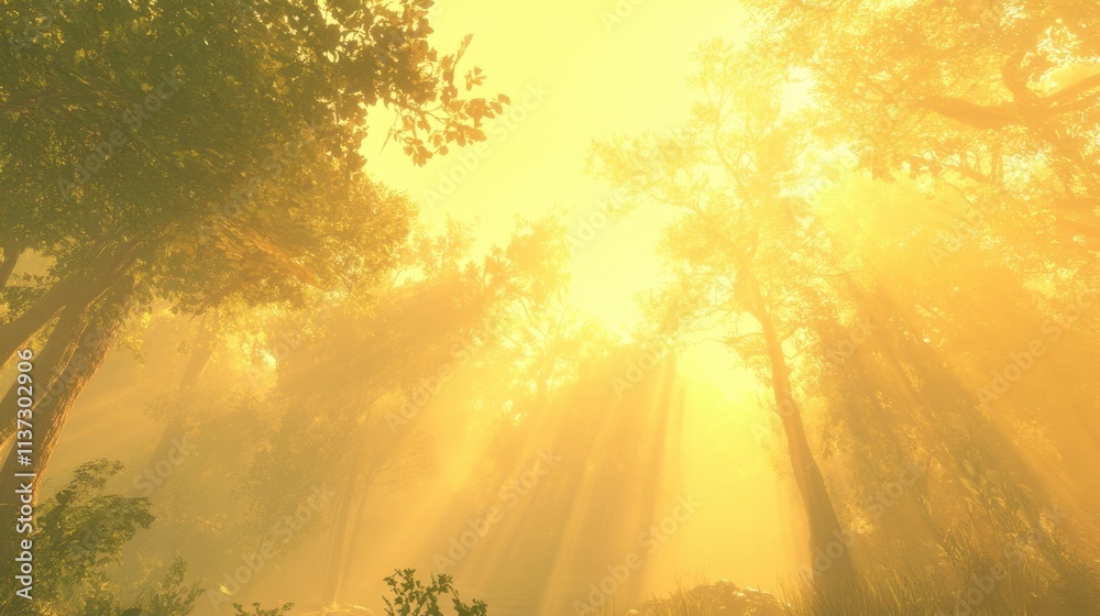 Golden sunlight pierces through the fog in a river valley, highlighting the lush pine forest below. Golden sunlight pierces through the fog in a river valley, highlighting the lush pine forest below.