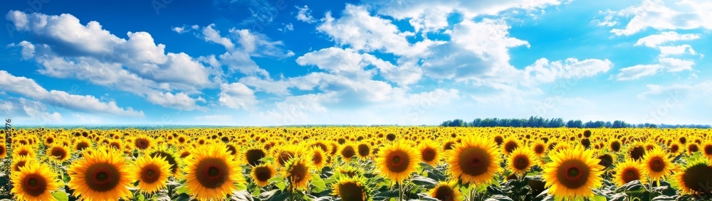 Obraz premium Tranquil Sunflower Field Landscape under Blue Sky with Bright Yellow Sunflowers and Vast Green Field Stretched in the Distance