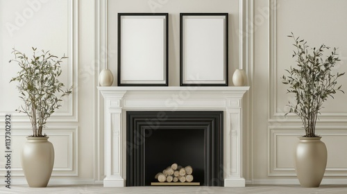 Elegant dark frames atop a white mantel with a neutral background and no plant decor.