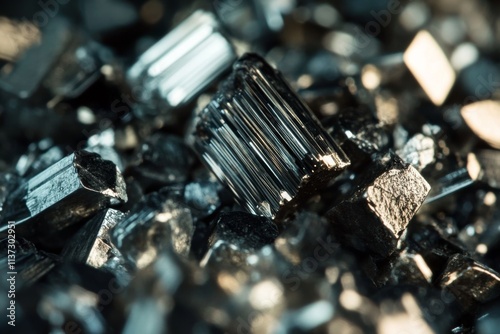 Close-up shot of metallic sheen rocks in black, silver, and gold colors with a rough texture from a top-down view photo