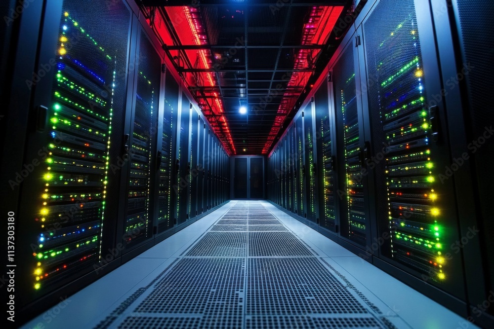 Vibrant Data Center Corridor with Servers, Storage Cabinets, and Futuristic Lighting in Blue, Green, and Red Colors Vibrant Data Center Corridor with Servers, Storage Cabinets, and Futuristic Lighting in Blue, Green, and Red Colors