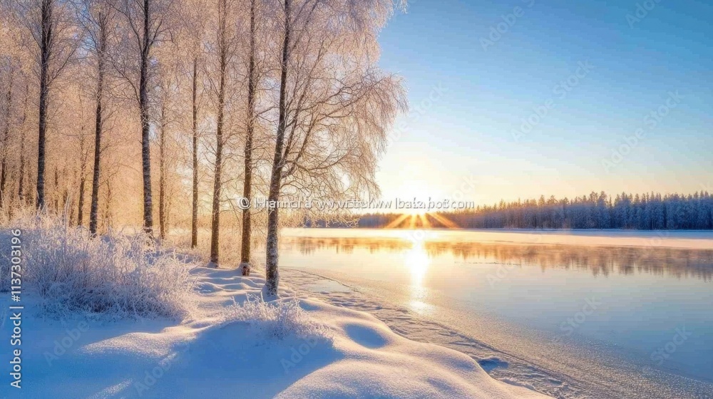 Golden sunrise in Finland over a still forest lake, frost-covered ground, blue sky mirrored in tranquil water. Golden sunrise in Finland over a still forest lake, frost-covered ground, blue sky mirrored in tranquil water.