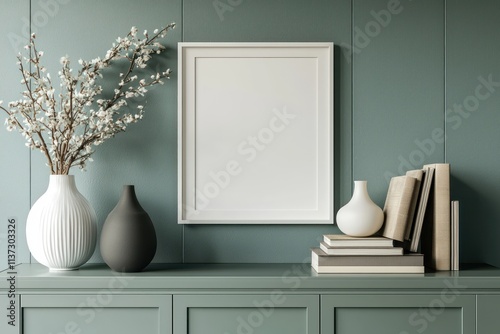 Living room mockup with white frame on a green cabinet, books, and decorative vases.
