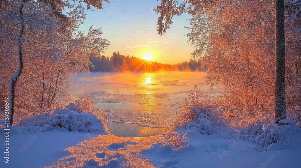 Fototapeta premium Golden sunrise over Finland serene forest lake, mist, frosty ground, calm reflections of the mighty trees and sky.