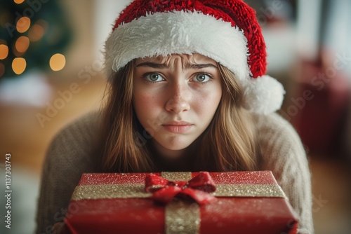 Young woman sobbing in a red red hat, with parcel. Festive time season ad campaign visual idea pic shot for billboard and social platforms use. Santa's journey ads. Merry holiday ads. photo