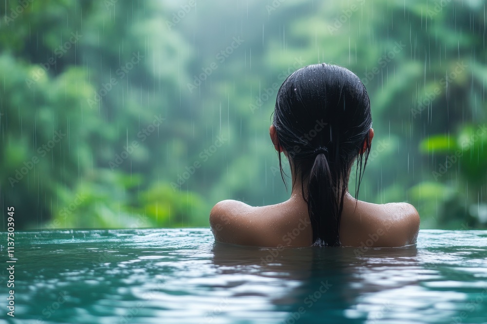 Fototapeta premium Woman relaxes in rain-filled pool, lush greenery backdrop. Perfect for spa, relaxation, or tranquil nature themes.