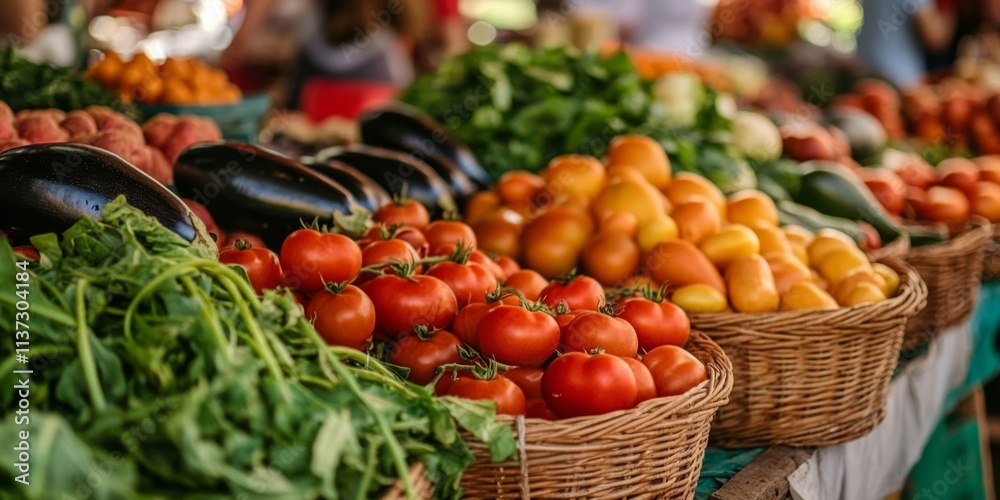 Vibrant Market Stall Displaying Fresh Produce with Ripe Tomatoes, Leafy Greens, and Eggplants in an Aesthetic Arrangement Vibrant Market Stall Displaying Fresh Produce with Ripe Tomatoes, Leafy Greens, and Eggplants in an Aesthetic Arrangement