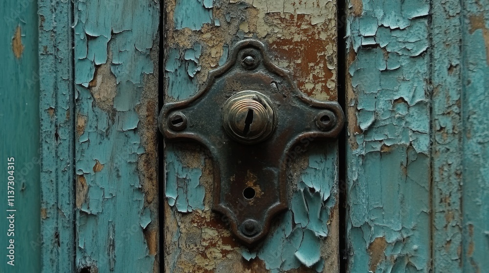 5.Detailed shot of an antique metal door latch on a cracked, peeling wooden door, showing decades of rust buildup, scratches, and signs of long-term wear and tear. 5.Detailed shot of an antique metal door latch on a cracked, peeling wooden door, showing decades of rust buildup, scratches, and signs of long-term wear and tear.
