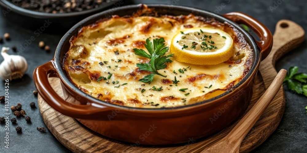 Baked potato casserole with golden-brown crust, cheese, lemon slice, and fresh parsley in ceramic dish on wooden board Baked potato casserole with golden-brown crust, cheese, lemon slice, and fresh parsley in ceramic dish on wooden board