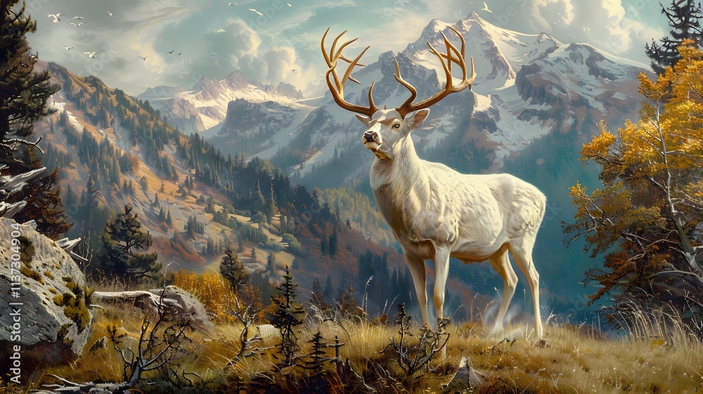 A majestic white deer with perfect antlers, and beautiful mountain forest views A majestic white deer with perfect antlers, and beautiful mountain forest views
