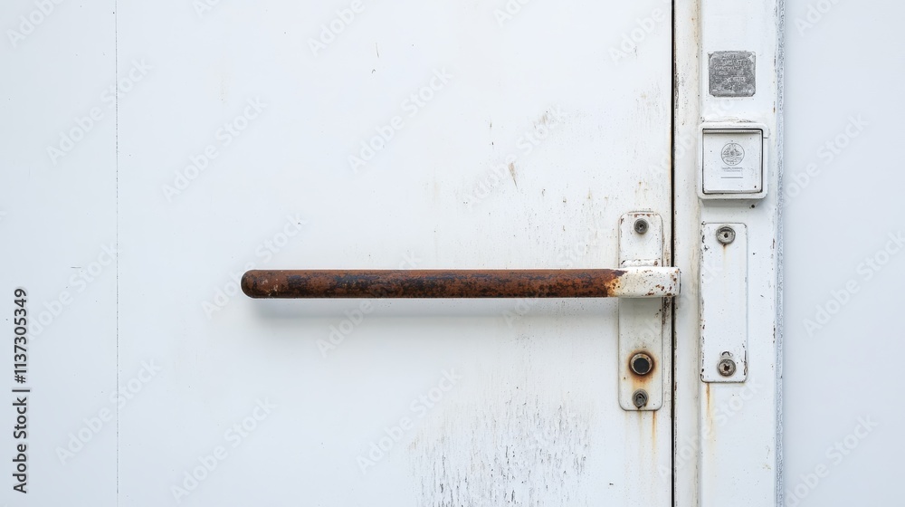 34.Tight view of a white emergency exit door with a push bar for panic exit, showcasing the distressed metal latch and rusty handle in sharp focus, with subtle shadows adding a sense of urgency. 34.Tight view of a white emergency exit door with a push bar for panic exit, showcasing the distressed metal latch and rusty handle in sharp focus, with subtle shadows adding a sense of urgency.