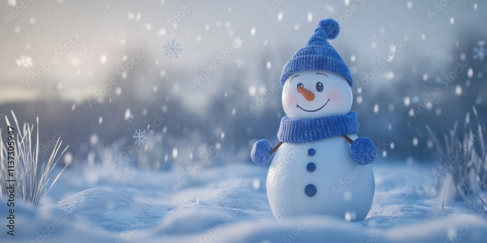 Fototapeta premium A smiling snowman dressed in a blue knitted hat and scarf, surrounded by soft snowflakes and a serene snowy landscape, creating a heartwarming winter scene. 