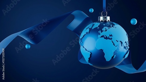 A 3D render of a blue globe, shaped like a Christmas ornament, hanging by a silver ribbon against a deep navy background.