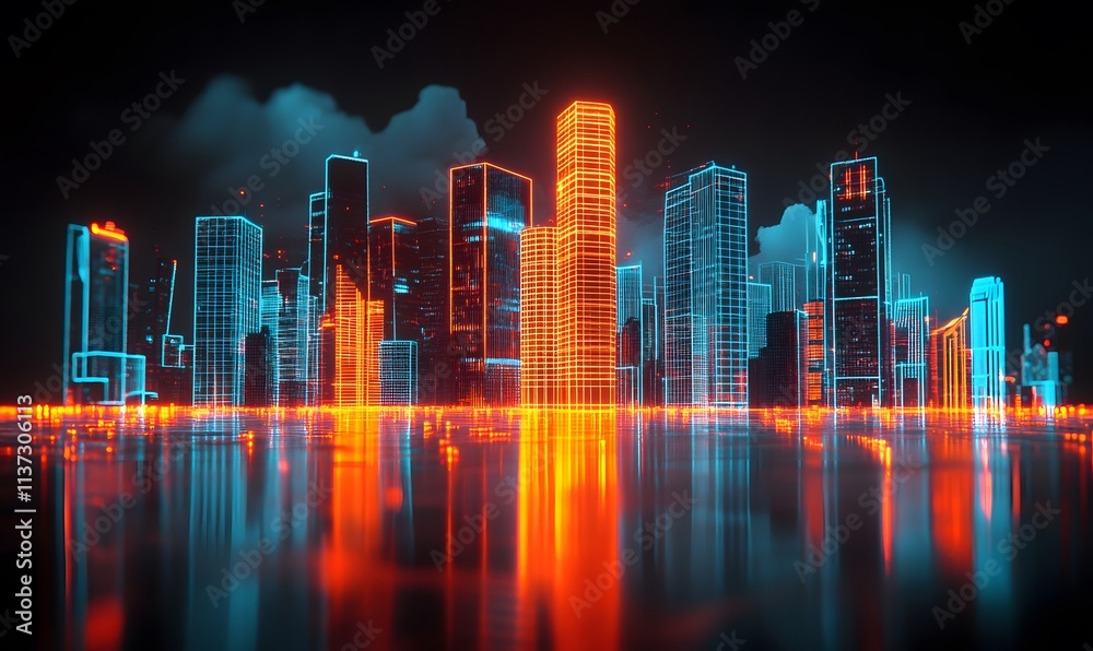 Futuristic city skyline glows orange and blue on dark mirrored surface. Futuristic city skyline glows orange and blue on dark mirrored surface.