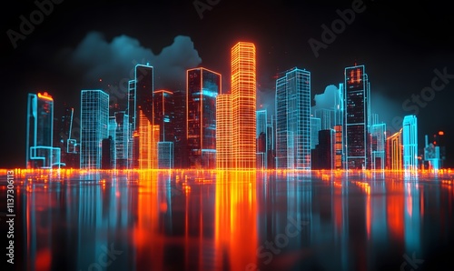 Futuristic city skyline glows orange and blue on dark mirrored surface.