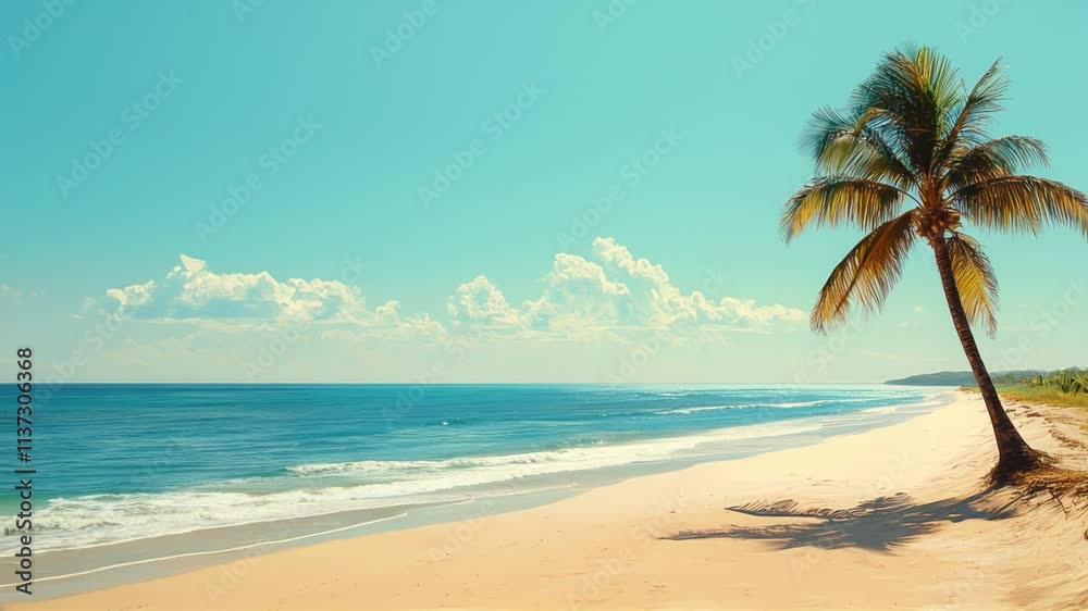 Tranquil beach scene with gentle waves and swaying palm tree under clear blue sky Tranquil beach scene with gentle waves and swaying palm tree under clear blue sky