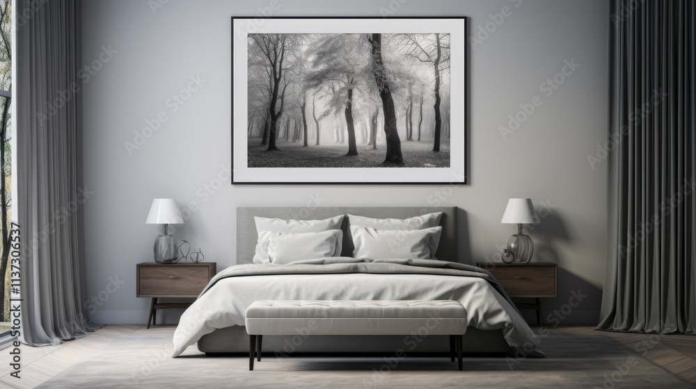 Minimalist Bedroom Interior with a Black and White Forest Photograph Minimalist Bedroom Interior with a Black and White Forest Photograph