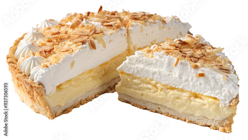 Принти на полотні Coconut cream pie with whipped topping, toasted coconut flakes, and flaky crust on a transparent background