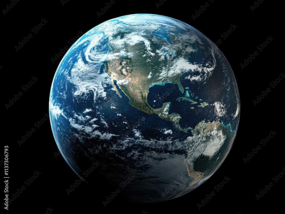 Fototapeta premium Earth rotates slowly in space with continents, oceans, and atmosphere. Global perspective, space exploration.