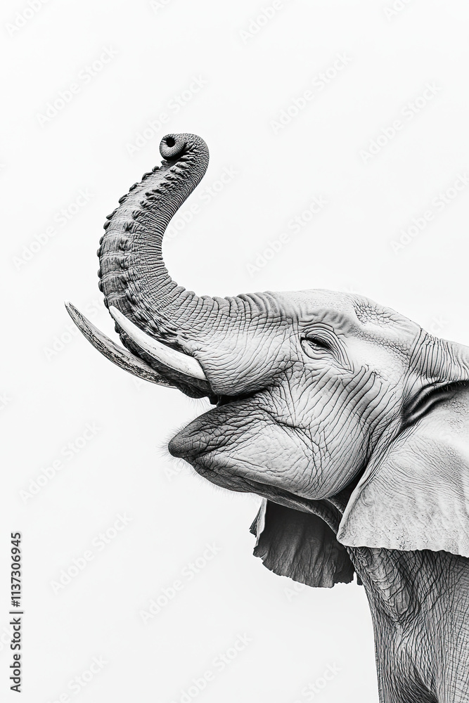 Obraz premium Elephant with a raised trunk, captured on a white background for a classic wildlife look