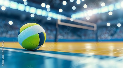 A vibrant volleyball rests on a polished court, with blurred lights illuminating an energetic sports arena.