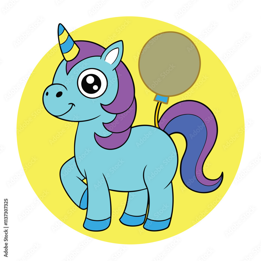 A cute cartoon unicorn with a purple horn and mane A cute cartoon unicorn with a purple horn and mane