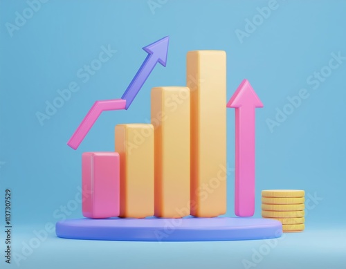 Free Download 3D colorful bar graph shows upward trending profits and a stack of gold coins - GFXLoad