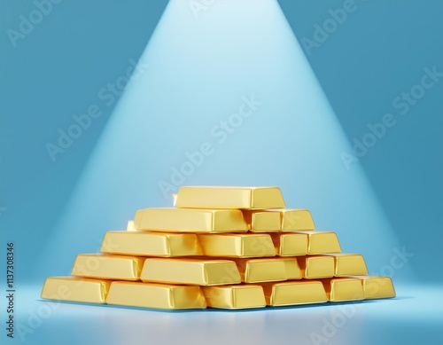 3D pyramid of gleaming gold bars sits under a spotlight