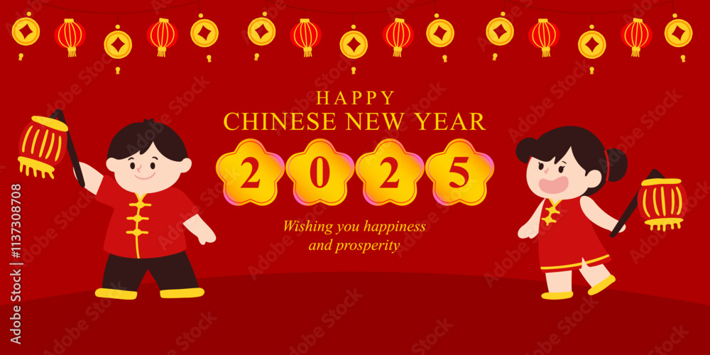 Poster of Cute Character Chinese New Year 2025 with red background template Poster of Cute Character Chinese New Year 2025 with red background template