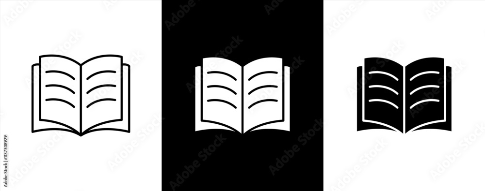 Books icon set. Open books icon with different style. Open Brochure. Learning. Library. Open book line and flat icon. Open books sign and symbol. Vector illustration.