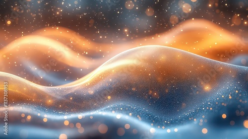 Abstract waves with shimmering particles in warm and cool tones.