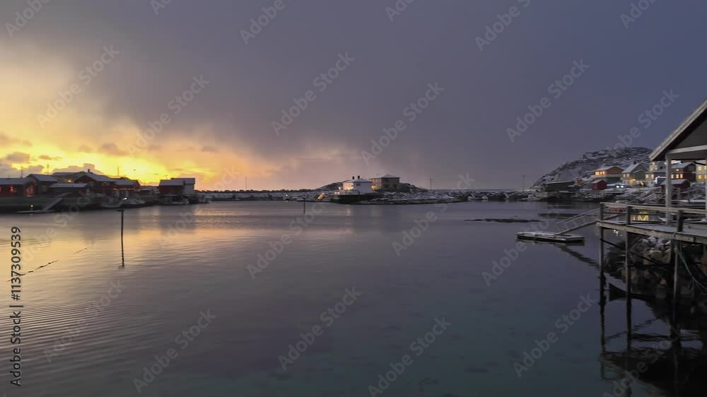 Peaceful sunset over snowy Lofoten harbor in Norway, capturing winter serenity Peaceful sunset over snowy Lofoten harbor in Norway, capturing winter serenity