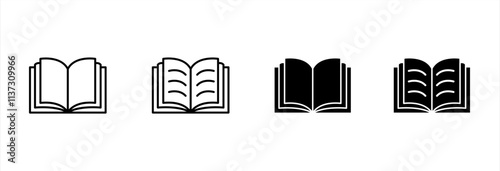 Books icon set. Open books icon with different style. Open Brochure. Learning. Library. Open book line and flat icon. Open books sign and symbol. Vector illustration.