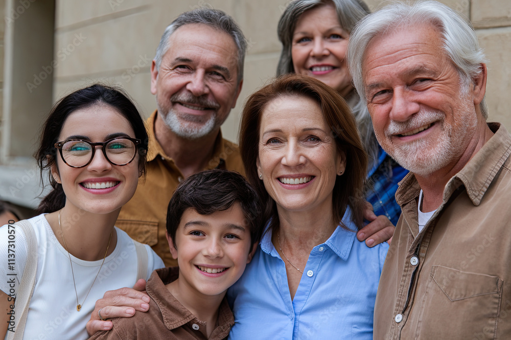 Fototapeta premium Diverse group of people of all ages and backgrounds smiling together, symbolizing unity