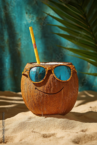 A coconut drink with a straw wearing sunglasses, sitting on a sandy surface photo